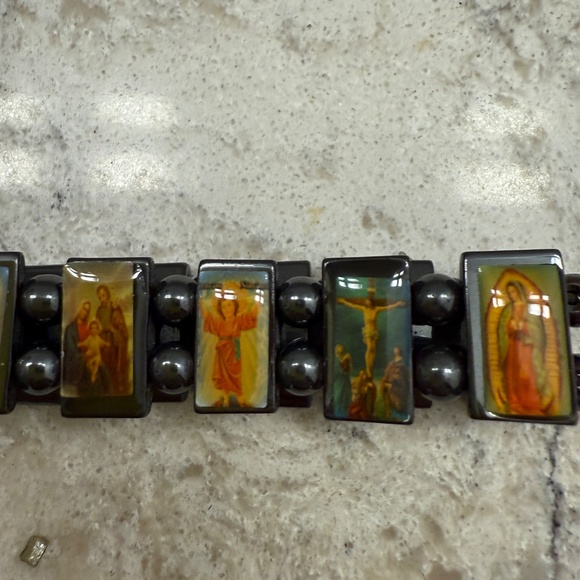 Hematite elastic Saints Jesus angels bracelet - Picture 3 of 7